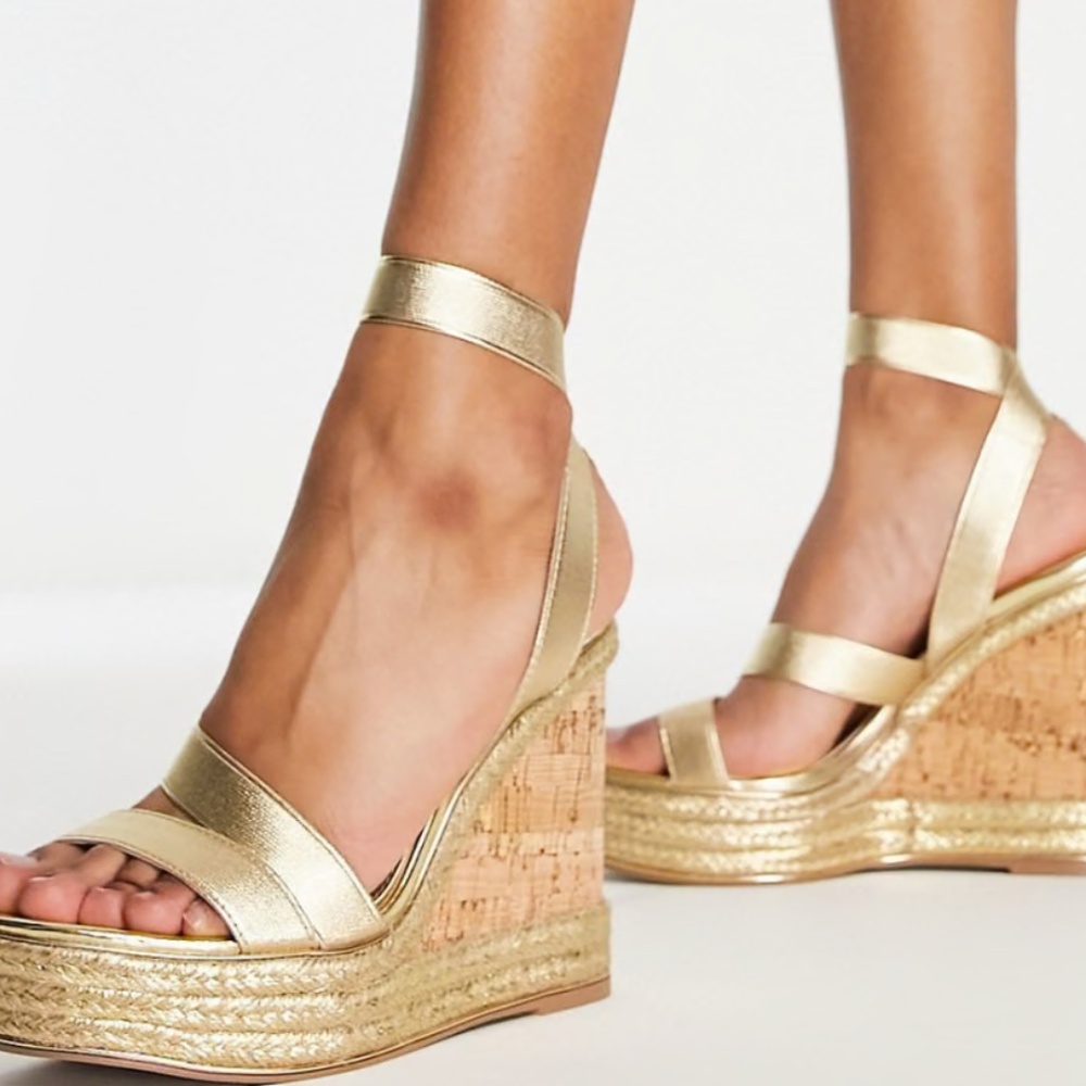 ASOS Design Trinity Elastic Strappy Gold Wedge Sandals